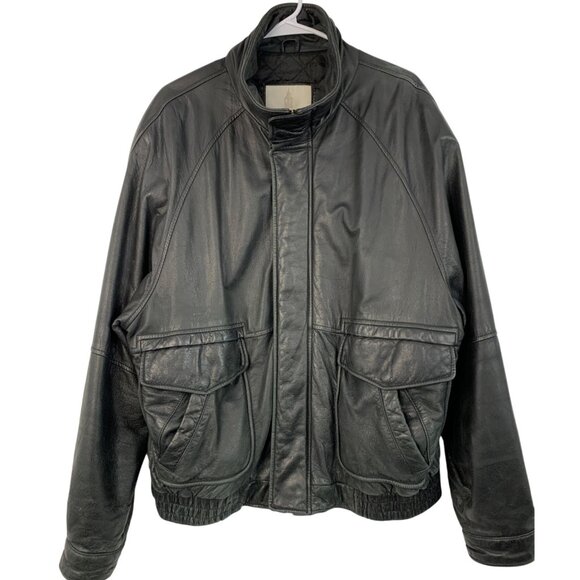 London Fog XL Black Leather Bomber Jacket Quilted Lining Multiple Pockets 8756 - Picture 1 of 12